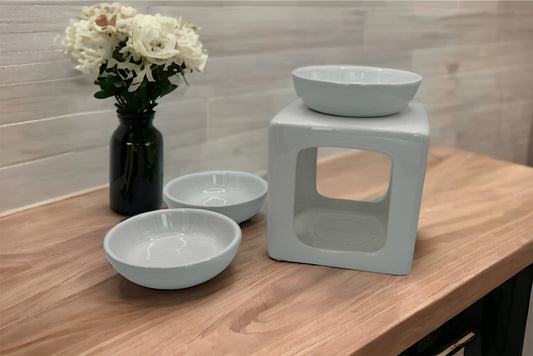 White square wax burner with 3 dishes